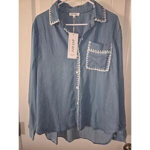 Gee Gee Incredibly Soft Boho Oversized Western Button Up Embroidered Top NWOT